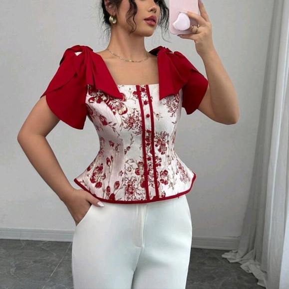 Tops - Spring/Summer New Retro Gold Thread Jacquard Cinched Waist Short Sleeve Cropped